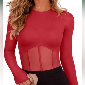 Red mesh long sleeve corset bodysuit